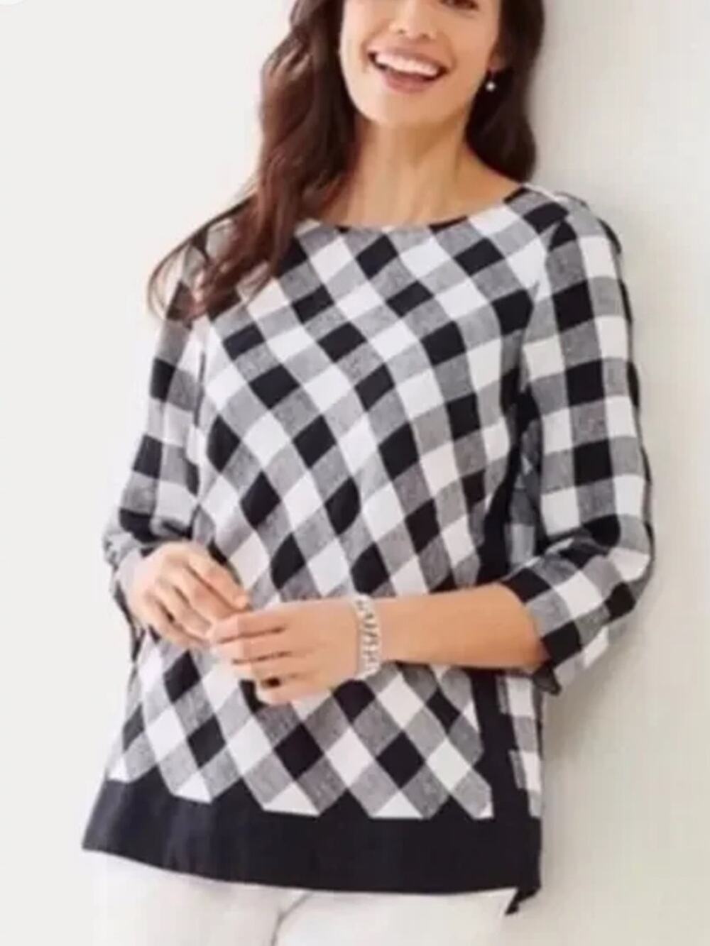 J Jill Love Linen 100% Linen Gingham Checkered 3/4 Sleeve Top XS Black White
